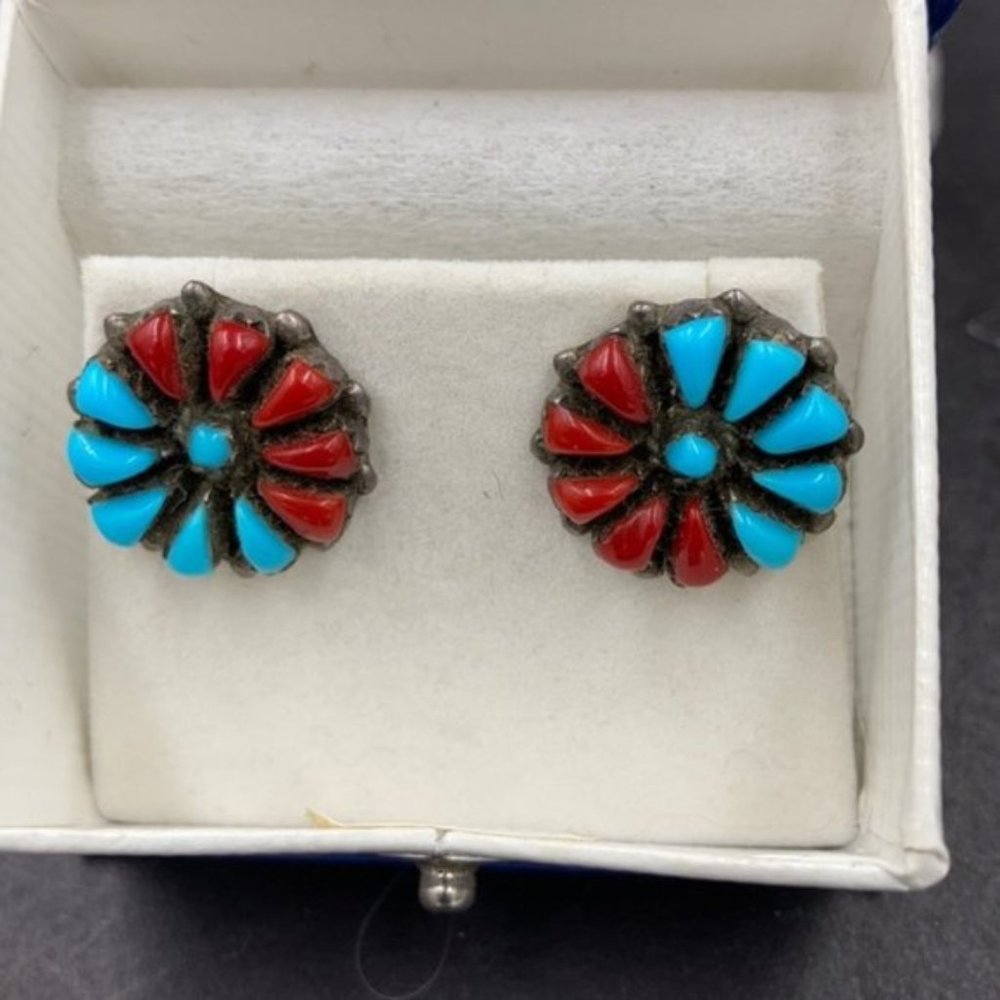 Vintage Zuni Sterling Turquoise Coral Pierced Earrings